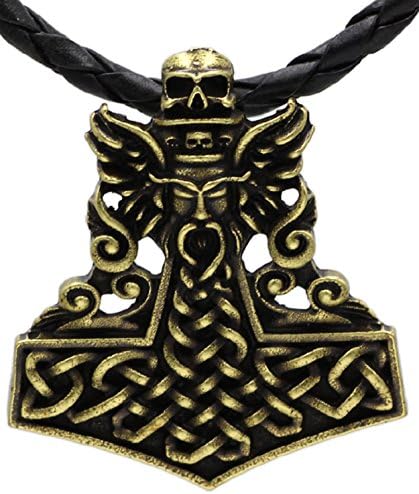 Prettyrosary Viking mjolnir thor hammer - punk jewellery viking gifts for men | norse mythology steampunk jewellery | raven skull necklace celtic jewellery men | odin pendant thor pendant skull charm