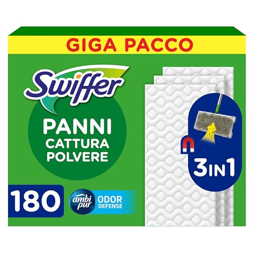 Swiffer Panni Cattura Polvere, 180 Panni Microfibra Dry, Cattura Polvere e Sporco, Ottimo per Tutti i Tipi di Pavimenti e per i Peli di Animali, Giga Formato