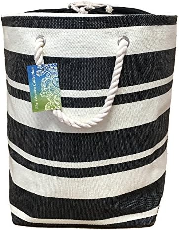 large round soft collapsible bag for toy, linen or laundry storage. Black and White stripes design