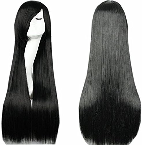 Anterrier 39" Long Black Straight Hair Anime Costume Wigs Cosplay Fiber Hair 100cm Black