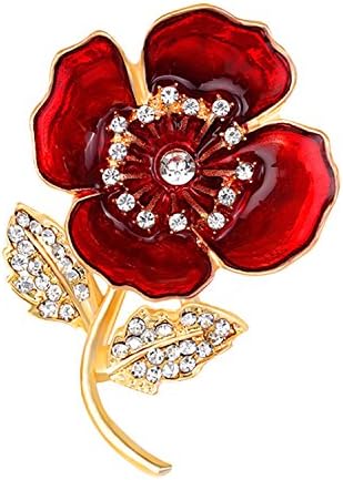 Poppy Brooch Flowers Pin Remembrance Day Big Red/Blue Petal with Gold/Silver Leaves Banquet Broach Symbolic Gift (Red)