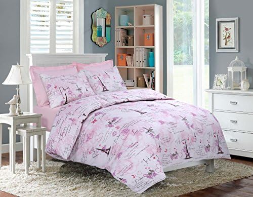 Eiffel Pink Butterfly, bicycle, hearts love paris beautiful printed bedding set All Sizes Single, Double and King (Pink, Double)