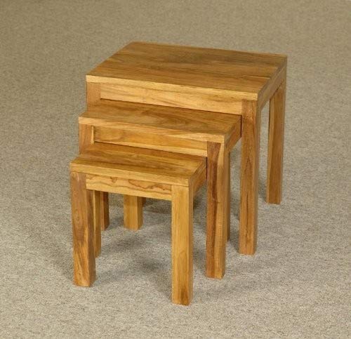 Set Di 3 Tavoli In Legno Massiccio Di Teak Sostenibile 46 Cm X 36 Cm X 44 Cm Con Finitura Macchia Di Quercia Chiaro