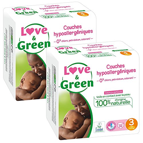 Love & Green - Couches Bébé Hypoallergéniques 0% - Taille 3 (4-9 kg) - Lot de 2 x 32 couches (64 couches)