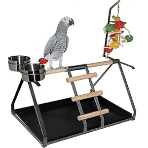 FDC Parrot Bird Perch Table Top Stand Metal Wood 2 Steel Cups Play for Medium and Large Breeds 17.5