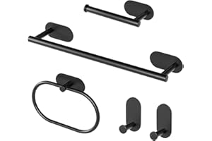 CORYIN Bathroom Hardware Set 5 PCS Stainless Steel Towel Racks Heavy Duty Wall Mounted Towel Bar Toilet Paper Holder Towel Ring Robe Towel Hook Self Adhesive Bathroom Accessories Set, Black