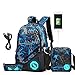 Produktbild Rucksack USB Ladeanschluss Schulrucksack Jugendlichen Jungs Casual Canvas Jungen Schultasche mit Fluoreszenz 3 Teiliges Schultaschen-Set + Umhängetasche + Geldbeutel/Mäppchen