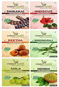 Forest Herbs 100% Natural Organic Amla, Reetha, Shikakai, Bhringraj, Hibiscus, Henna Powder for Hair Care Combo Each 100Gms