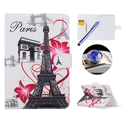 Etsue für iPad Air/iPad 5 [Eiffelturm Rosa Blumen] Leder Tasche Hülle Etui Muster, Bunte Niedlich Painted Ständer Tasche Schutzhülle Smart Shell Wallet Case Magnetverschluss Bookstyle Ledertasche Brieftasche Hülle mit Kartenfächern für iPad Air/iPad 5 + 1x Glitzer Staub Stecker + 1x Blau Eingabestift-Retro Tower Flower