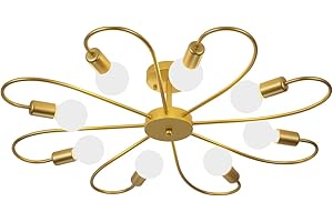 Qcyuui Modern 8-Light Ceiling Light Fixture Industrial Sputnik Ceiling Lamp, E27 Semi Flush Mount Gold Chandeliers Lighting for Living Room Farmhouse Kitchen (Bulb Not Include)