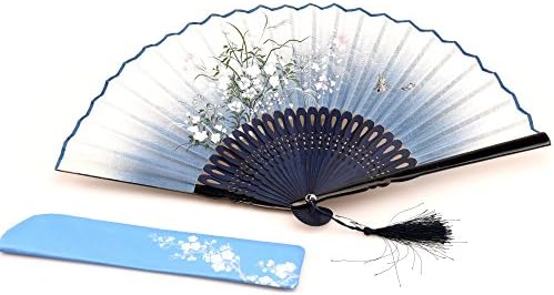 Hand Held Fans Folding Fan Bamboo Hand Fan with Tassel+ Pouch(Blue)