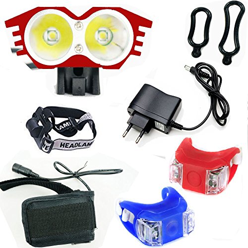 LED Linterna LáMPARA para bicicletas bici CREE XM-L U2 - Luz LED frontal para manillar de bicicleta (2 focos, 5000 Lumens, 4 modos) con Llavero Linterna (rojo) & 2 x Luz Luces Lámpara Trasera para Bici Bicicleta