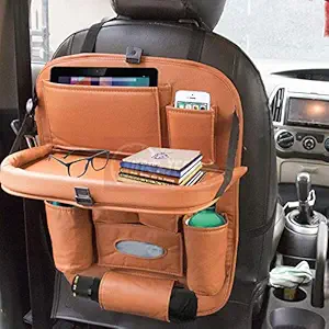 CARMATE Universal PU Leather Car Back Seat Organiser with Foldable Dining Table Tray, Multi-Storage Bottle and Tissue Paper Holder - Tan, Medium