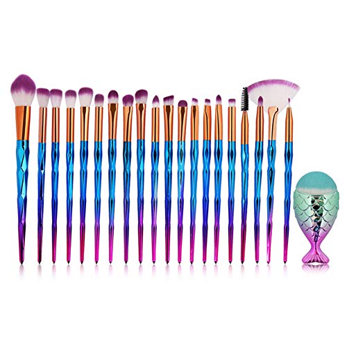 21Pcs Mermaid Makeup Brushes Set Creative Mermaid Bright Color Beauty Brushes Kit Soft Nylon Bristles Foundation Blending Blush Concealer Cosmetic Tools - Purple