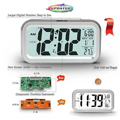 ZHPUAT Digital-Wecker Digitaluhr große LCD-Ziffern mit Hintergrundbeleuchtung Metallfarbe Hellgrau - 4