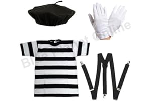 I LOVE FANCY DRESS LTD Blue Planet Online - Mens French Mime Artist T Shirt, Beret, Gloves & Braces Fancy Dress (Men: Small)