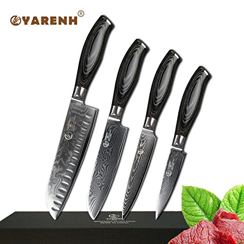 Uniqus YARENH 4 PCS Kitchen Knives Set Japanese VG10 Damascus Steel Chef Cleaver santoku Utility paring Knife Pakka Wood Handle