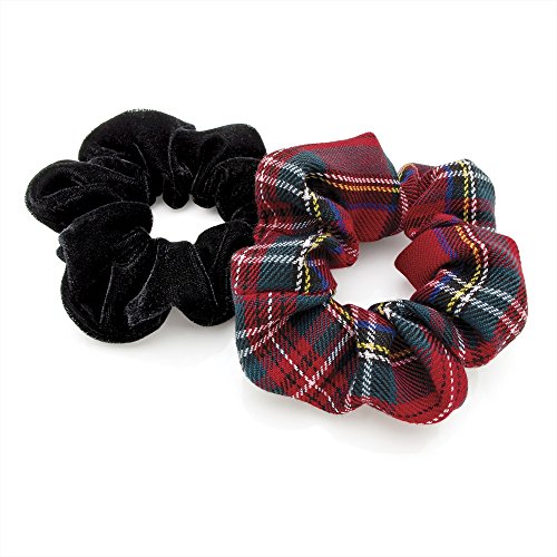 Two Piece Red Tartan Print And Black Velvet Look Elasticated Hair Scrunchie Set