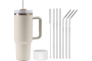 Moollyfox 1200 ML Tasse Isotherme à Double Paroi en Acier Inoxydable avec Poignée Tasse à Café Voyage Voiture avec Paille en Acier Inoxydable et Couvercle en Silicone Beige