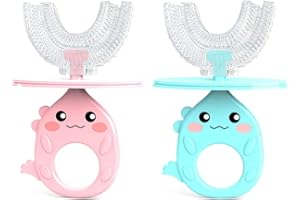 Karseen Toddler Toothbrush,Kids U-Shaped Toothbrush with Cover,Food Grade Silicone Brush Head Manual Training Tooth Brush for 2-6years Toddlers and Children (Pink and Green)