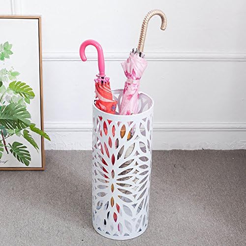 WSSF- Iron Art Umbrella Stands With 3 Hooks/Drip Tray Metal Carved Circular Umbrella Bucket Household Canes/Walking Stick Stand Storage Holder Rack Standing Long/Short Umbrella Shelf,20*50cm ( Color : White )
