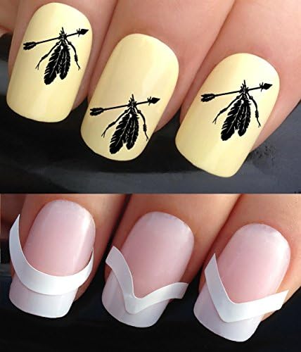 WATER NAIL TRANSFERS DECALS STICKERS ART SET #370 &amp; 172. **plus x48 nail tip guides!!** x24 TRIBAL INDIAN FEATHERS &amp; ARROW TATTOO WRAPS &amp; x48 FRENCH MANICURE TIP GUIDES! CAN BE USED WITH NATURAL GEL ACRYLIC STICK ON NAILS! OR WITH GLITTER DUST CAVIAR BEADS ALLOYS DECORATIONS CONFETTI FIMO SHAPES TAPE PENS RHINESTONES!