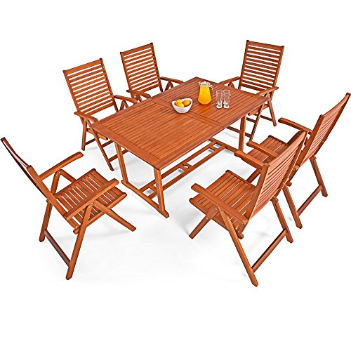 Deuba Sitzgruppe Unikko aus Eukalyptusholz mit 6 verstellbaren Stühlen und ausklappbarem Tisch aus Eukalyptus Gartengarnitur Sitzgarnitur