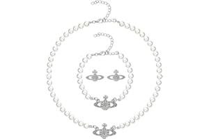Lucktao 3 Stück Planet Perlenkette,Armbänder,Ohrringe, Weiße, PlanetKristall Strass, Saturn Faux Perle Choker Halsketten,für Frau Freundin Mutter Tochter Geschenk