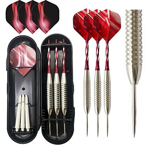 Lemong Juego de 3 dardos de punta de acero, 24 g, con ejes de aluminio y 2 estilos de plumas + 1 funda de metal, rojo