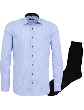 ETERNA Herrenhemd Slim Fit, blau, Streifen Twill + 1 Paar hochwertige Socken, Bundle