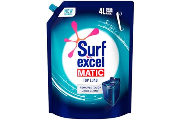 Surf Excel Matic Top Load Liquid Detergent 4L Refill Pouch, Specially designed to remove Tough Dried Stains, 1st time in Washing Machine