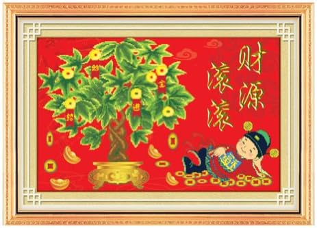 Money Tree and Chinese god of Prosperity 3D Stamped Cross Stitch Kit - 25.2inch By 16.9inch