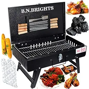 B.N.Brights WORLD Modern Meal Heavy Weight (Device) Briefcase & Picnic Metal Grill Charcoal Barbecue for Home with 8 Skewers, 1 Steel Grill, Glove, Free Charcoal PacketBarbecue