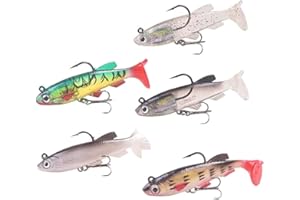 WYMAODAN Ensemble de leurres de pêche, 5 pièces 8 cm appât Souple tête de Plomb leurres de Poisson de mer matériel de pêche Pointu Triple Crochet appât Artificiel Queue en T (5A)