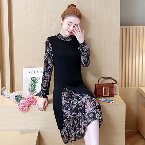 RENQINGLIN Open The Shirt And Black Poverty Fragile Flower Snow Woven Stitching Knitted Dresses