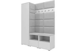 RAVIO Garderoben-Set NELA II mit Zwei Schuhschränke, 150cm Flurgarderobe mit Wandpaneele, Inklusive Montagekleber, Praktischer Wandgarderobe (Weiß + Hellgrau (Trinity 32))