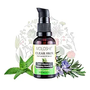 Moloshe Clear Skin Niacinamide B3 Serum For Acne Spots & Scars With 10% Niacinamide, 5% Vitamin C & Rosemary- For All Skin Types - No Paraben & Sulphate- 30ml