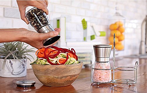 Salz- und Pfeffermühle Salz- und Pfeffermesser Set Gebürsteter Edelstahl und Glaskörper mit manuell verstellbarem Keramikschleifer zur verstellbaren Grobheit mit passendem Edelstahl Ständer Küchenzubehör Kochen Werkzeuge Gewürzmühle Grinder-Set von 2 - 6