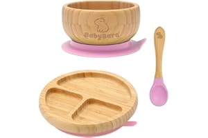 BABYBARA ® Plates and Bowls Set, Weaning Set, Baby Weaning Set, Bamboo Bowl Plate and Spoon, Segmented Baby Feeding Set with suctions, Baby weaning Essentials, Tableware Set