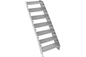MONSTER SHOP Scala in metallo a 7 livelli regolabile in altezza 60 cm di larghezza Acciaio zincato argento 7 gradini regolabili Griglia resistente alle intemperie Spessore asta 5 mm Kit di fissaggio GRATUITO