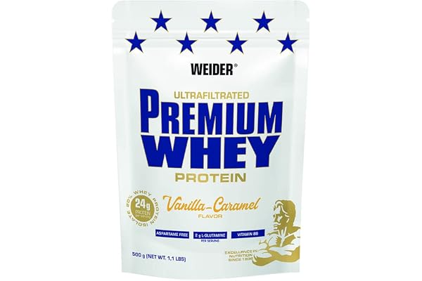 Weider Premium Whey Protein Poudre - Haute Teneur en Protéines, Faible Teneur en Glucides & Faible Teneur en Graisses avec L-Glutamine et Vitamine B6-500 g - Vanilla-Caramel