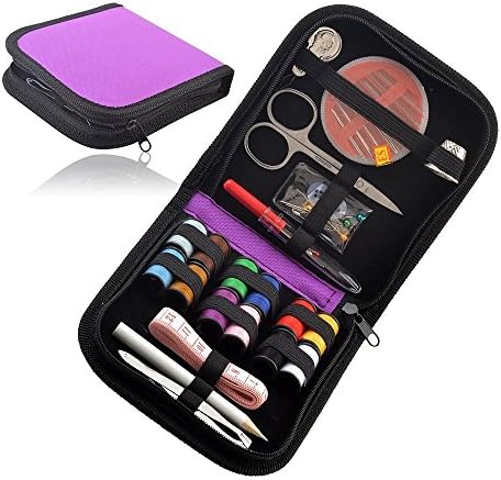 Erasky® Sewing Kit - Includes Scissors, Thimble, Thread, Needles, Tape Measure &amp; More in a Convenient Carrying Case! Perfect Basic Sewing Basket for Home, Travel, Camping &amp; Emergencies (Purple)