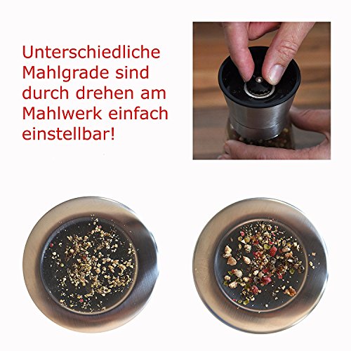 ALBARGO – Salzmühle – Pfeffermühle im 2er Set, manuelle Kräutermühle – Gewürzmühle mit Keramikmahlwerk verstellbar, für Gewürze Salz Pfefferkörner Meersalz Chili, Salz & Pfeffermühle Glas / Edelstahl - 5