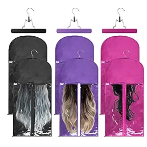 6 Pack Portable Hair Extension Holder, FLMOUTN Dust-proof Wig Storage Bag With Anti-Slip Hair Extension Hanger, Strong Holder with Protection Case Set for Women Hair