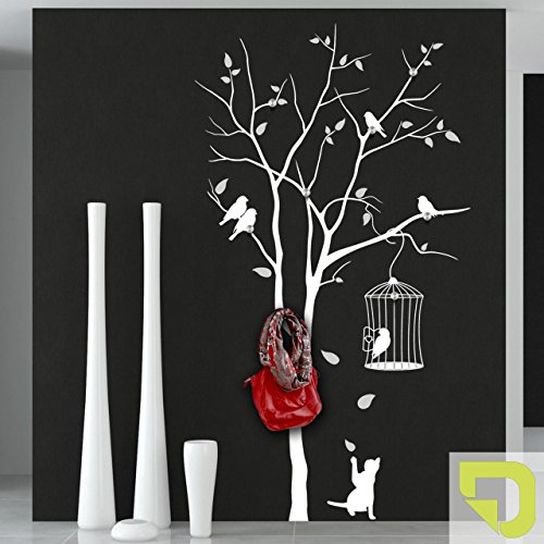 DESIGNSCAPE® Garderobe Baum mit Vogelkäfig und andersfarbigen Blättern mit 8 Garderobenhaken 111 x 200 cm (Breite x Höhe) Farbe 1: hellgrün inkl. 8 Edelstahl Wandhaken DW811006-L-F87
