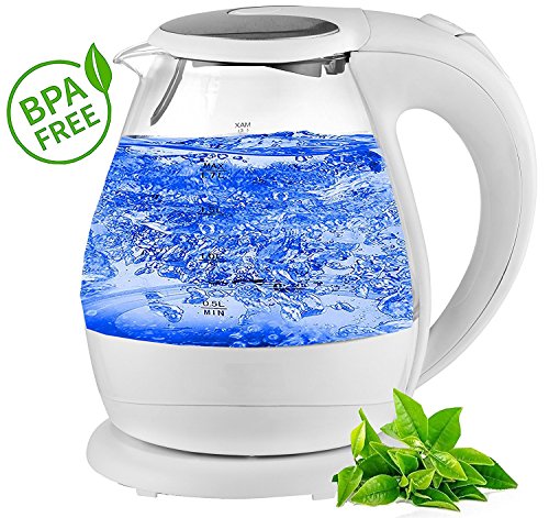 Glas Design Wasserkocher exclusive blaue LED Innen Beleuchtung 2.200 Watt 1,5 Liter kabellos WEIß 100% BPA Frei Teekocher Kettle Wather Cooker (Weiss)