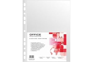 OFFICER PRODUCTS Fundas perforadas para productos de oficina PP A4 Cristal 50 micras 100 piezas/Archivo de documentos/tipo-cristalino/Kind-Standard/Material-PP/Color-Transparente/Formato-A4/Grosor (mm)-50