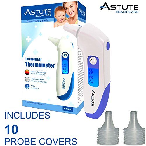 Infrared Ear Thermometer for Baby, Adult, Child, High Clinical Accuracy, Stores Last 12 Temperatures taken / High Temperature Fever Alarm / Easy to Use / This high quality Thermometer allows you to take temperatures in 1 second. FREE Protective Storage Case + 10 Probe cover Free. (BLUE COLOUR)