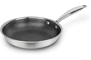 Qulinart by Brandt, Poêle en Acier Inoxydable Triply, Taille 20 cm, Revêtement Nid d'Abeille Anti-Adhésif et Anti-rayures, Tous Feux dont Induction, Sans PFOA ni Couvercle, Argenté