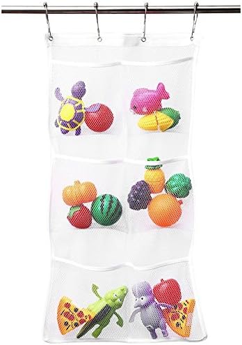 Quick Dry Hanging Bath Bag with 6 Pockets | Hang on Shower Curtain Rod Mesh Organizer with 4 Liner Hooks Rings for Bathroom Accessories &amp; Save Space